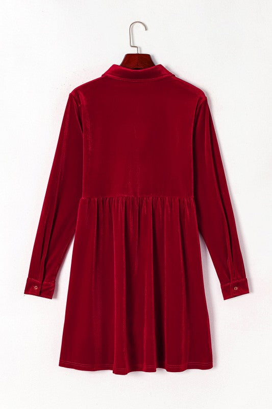 Velvet Button-Up Long Sleeve Ruffle Dress - FamilyClothes