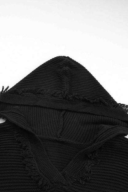 Solid Ribbed Drop Shoulder Hooded V-Neck Sweater - FamilyClothes