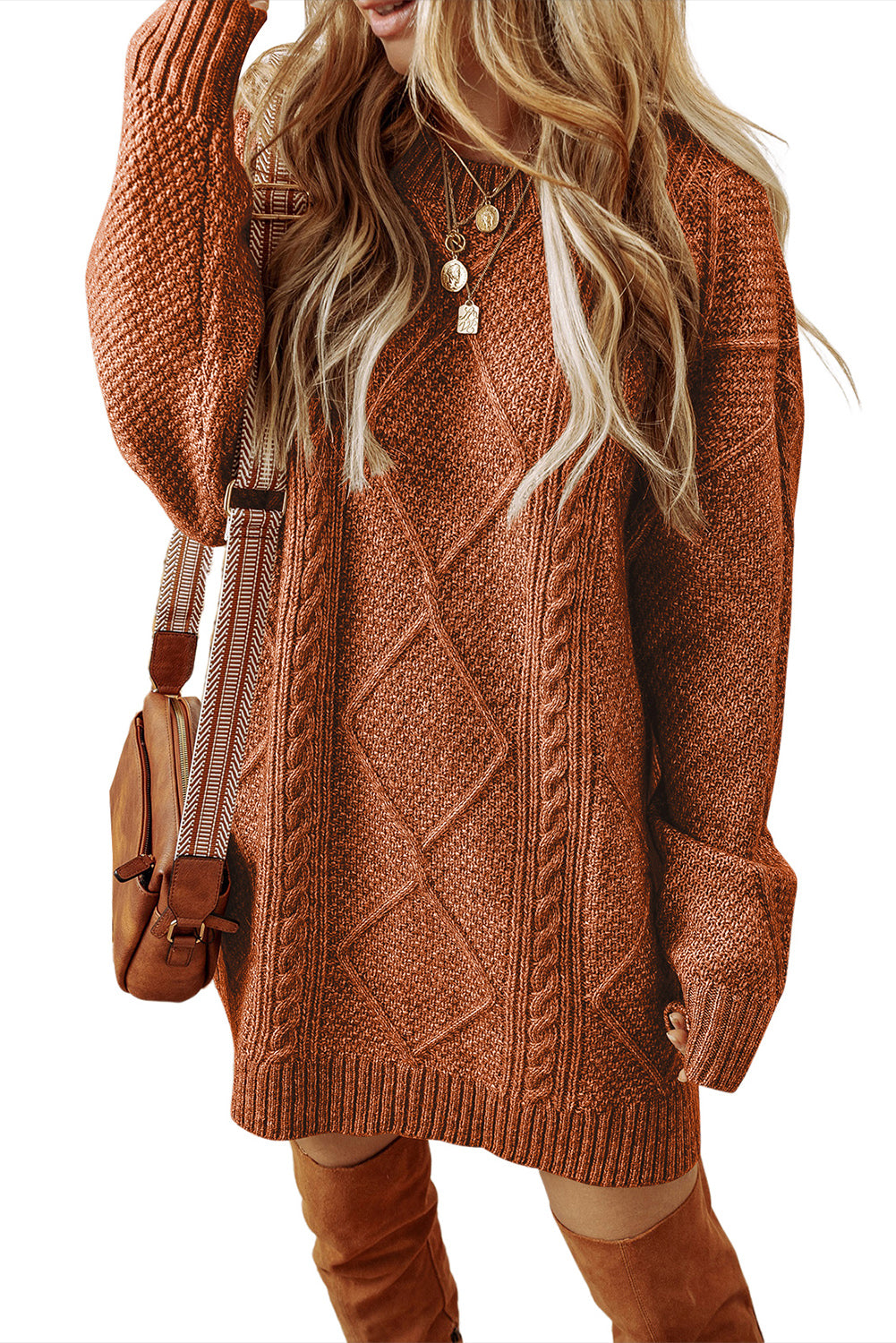 Coffee Knit Sweater Dress - Cable Knit Drop Shoulder Loose Fit Design - FamilyClothes