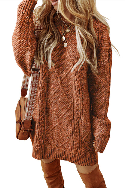 Coffee Knit Sweater Dress - Cable Knit Drop Shoulder Loose Fit Design - FamilyClothes