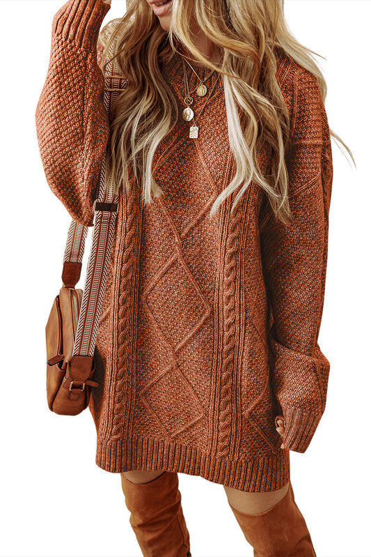 Coffee Knit Sweater Dress - Cable Knit Drop Shoulder Loose Fit Design - FamilyClothes