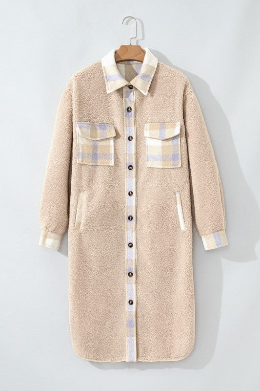 Plaid Patchwork Collared Sherpa Long Coat - FamilyClothes