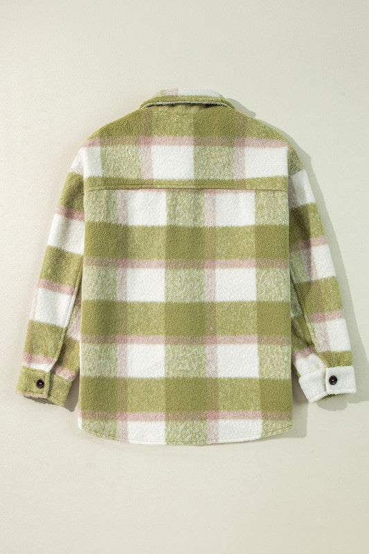 Plaid Print Shacket with Buttoned Flap Pockets - Baggy Style - FamilyClothes