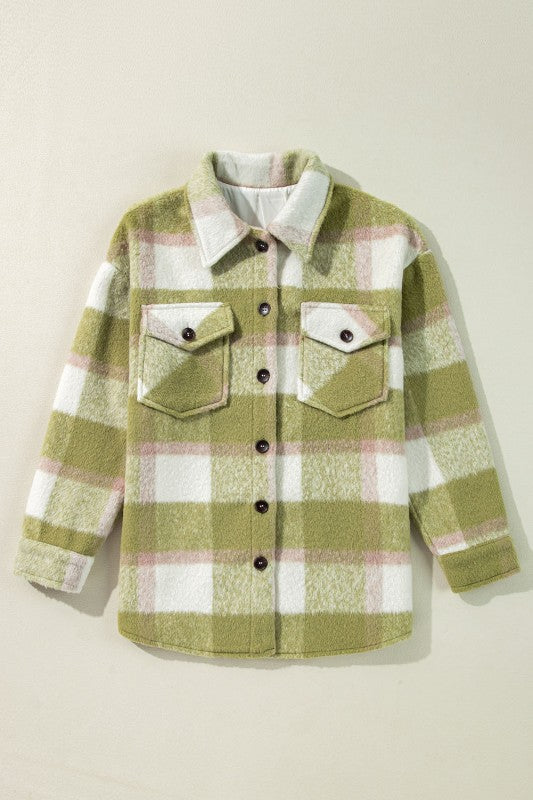 Plaid Print Shacket with Buttoned Flap Pockets - Baggy Style - FamilyClothes