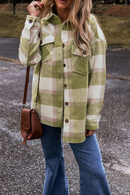 Plaid Print Shacket with Buttoned Flap Pockets - Baggy Style - FamilyClothes