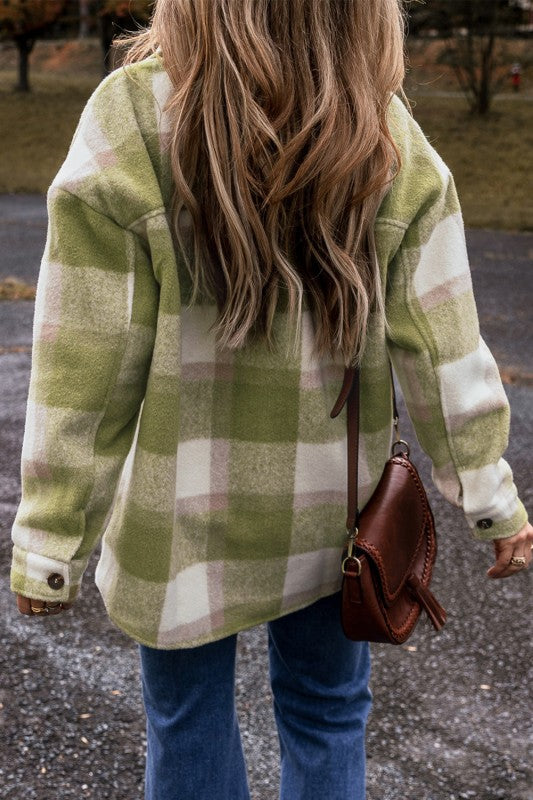 Plaid Print Shacket with Buttoned Flap Pockets - Baggy Style - FamilyClothes