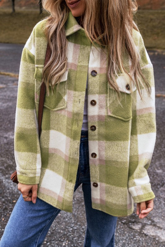 Plaid Print Shacket with Buttoned Flap Pockets - Baggy Style - FamilyClothes