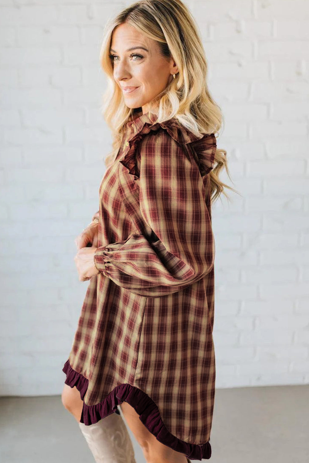 Red Plaid Mini Shirt Dress with Ruffled Long Sleeves and Patchwork Hem - FamilyClothes