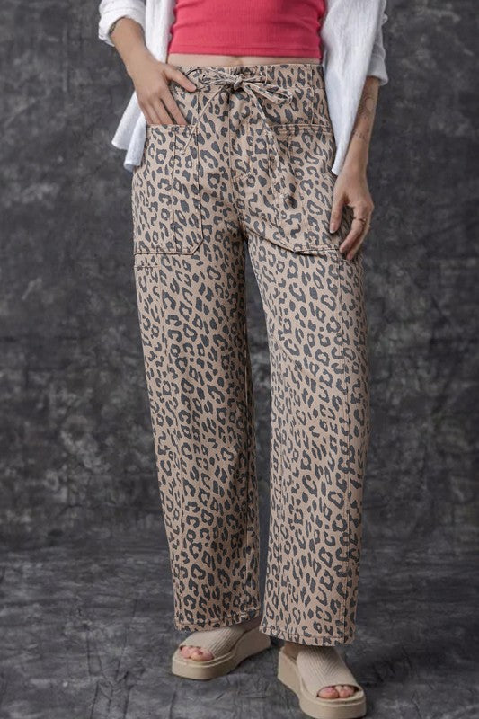 Leopard Printed Drawstring Elastic Waist Leg Jeans - FamilyClothes