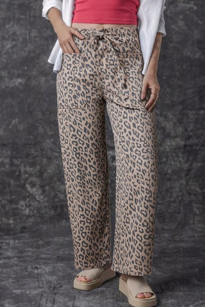 Leopard Printed Drawstring Elastic Waist Leg Jeans - FamilyClothes