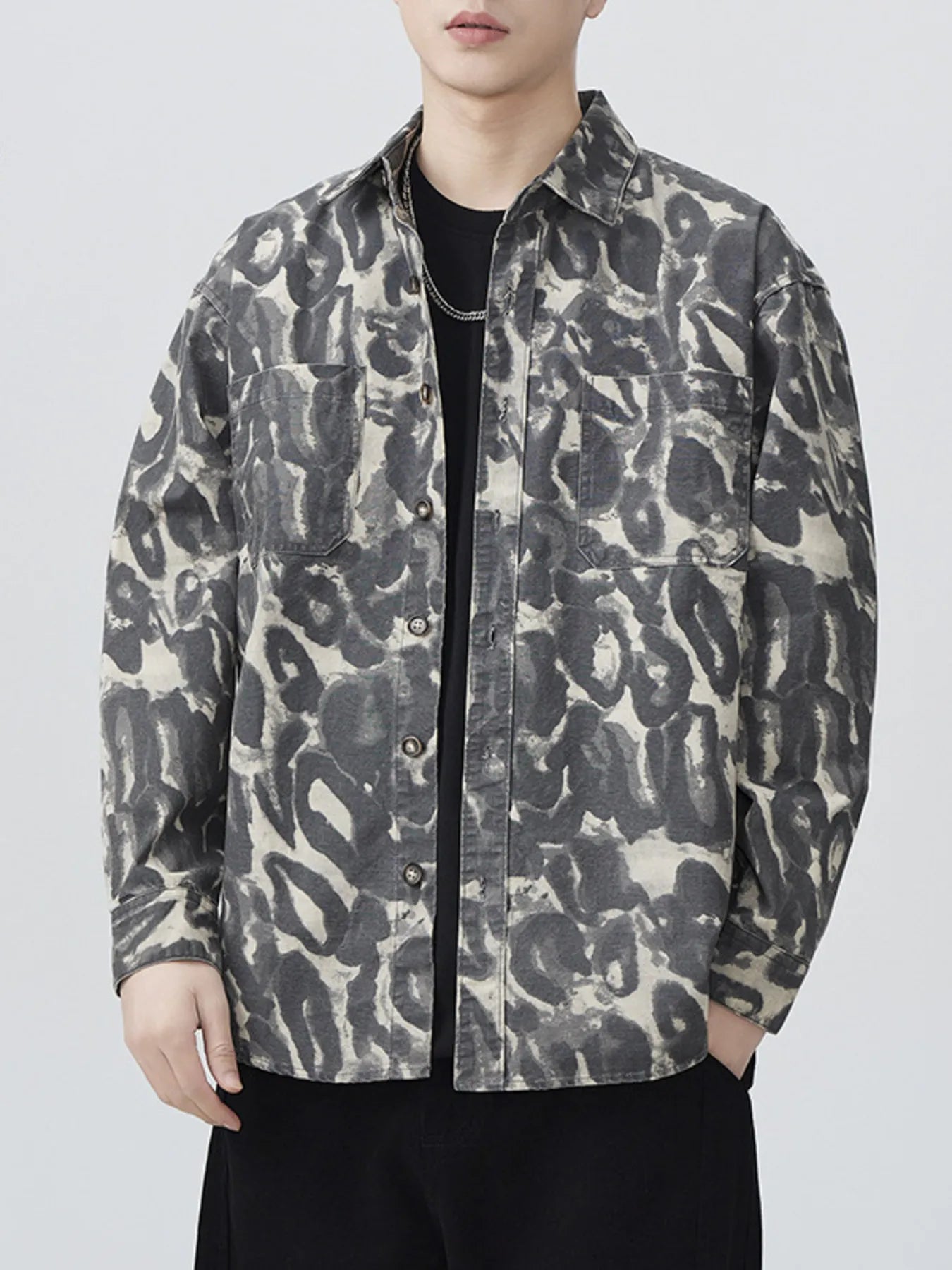 Men's Plus Size Camouflage Print Button-Up Shacket - FamilyClothes