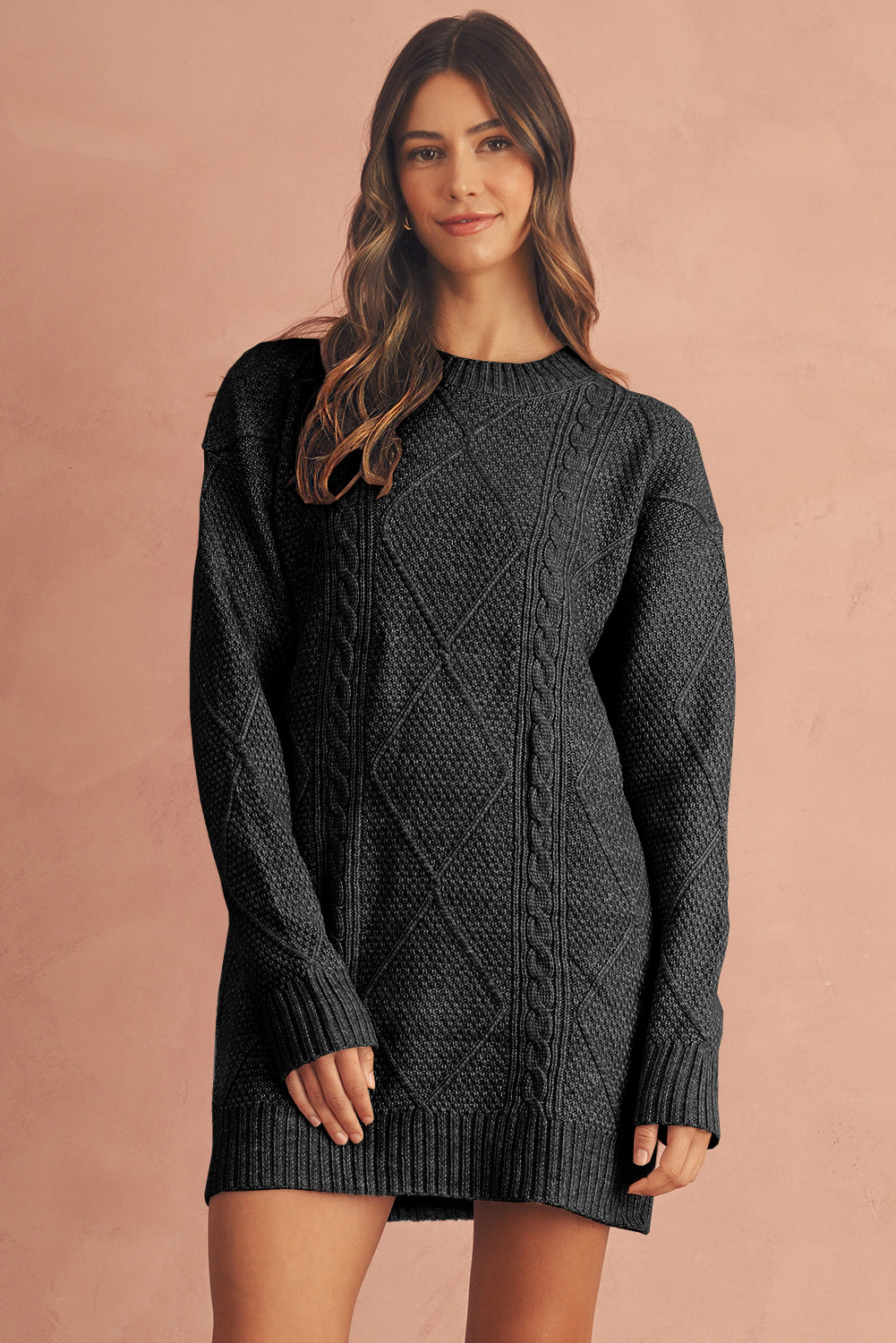 Coffee Knit Sweater Dress - Cable Knit Drop Shoulder Loose Fit Design - FamilyClothes