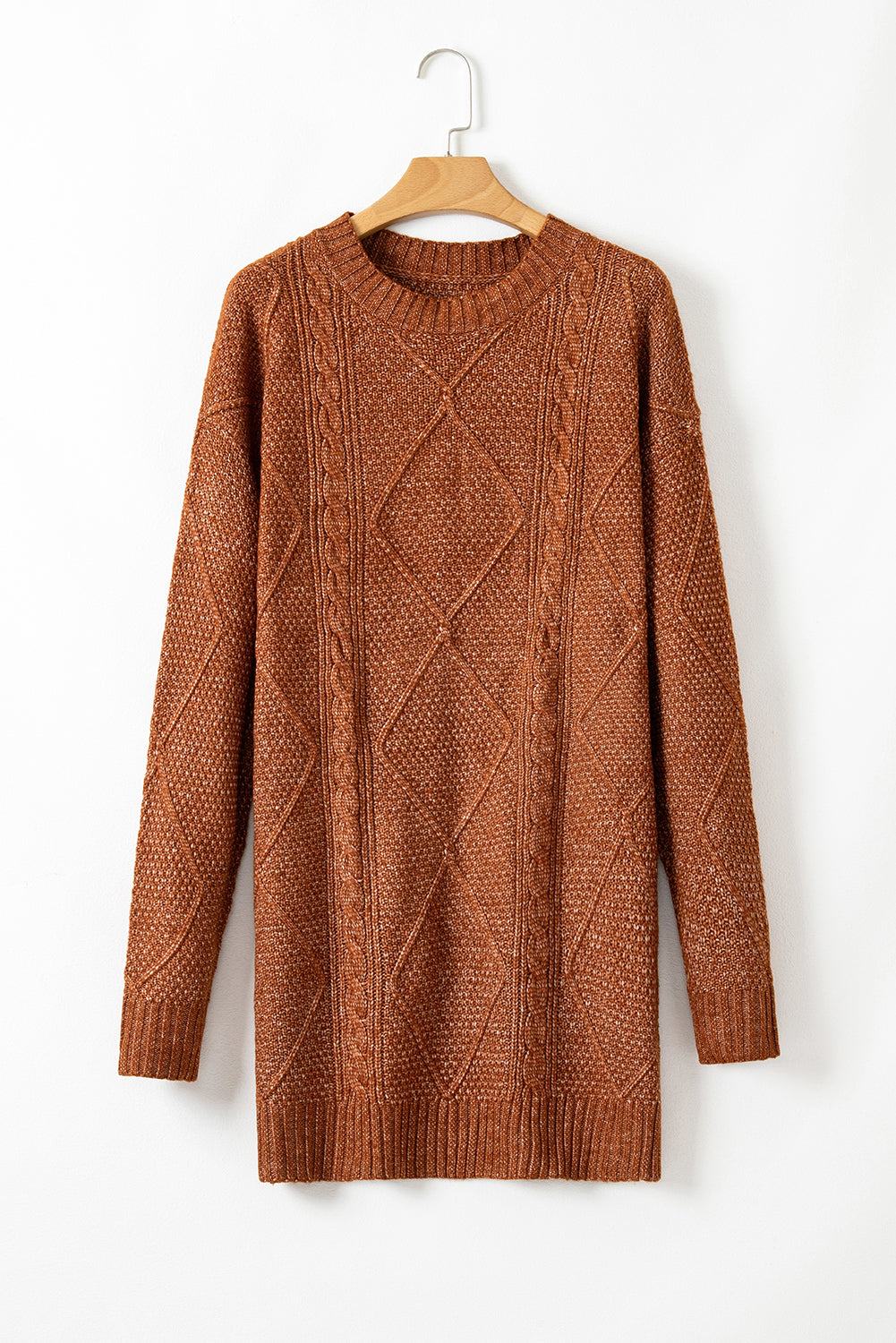 Coffee Knit Sweater Dress - Cable Knit Drop Shoulder Loose Fit Design - FamilyClothes