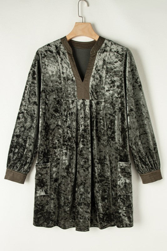 Velvet Long Sleeve V-Neck Side Pocket Dress - FamilyClothes