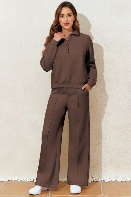 Solid Collared Sweatshirt and Pants Set - FamilyClothes