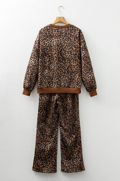 Leopard Contrast Trim Top and Pants Set - FamilyClothes