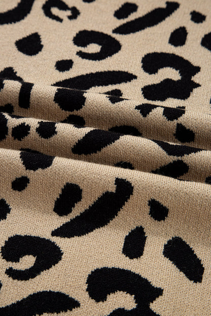 Brown Leopard Pattern Lace Trim Ribbed Detail Button Cuffed Sweater - FamilyClothes