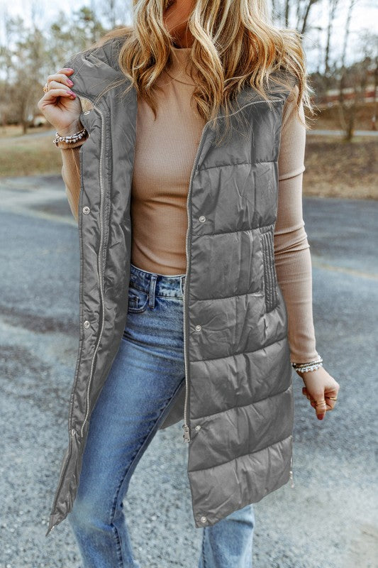 Solid Quilted Long Hooded Vest Coat - FamilyClothes