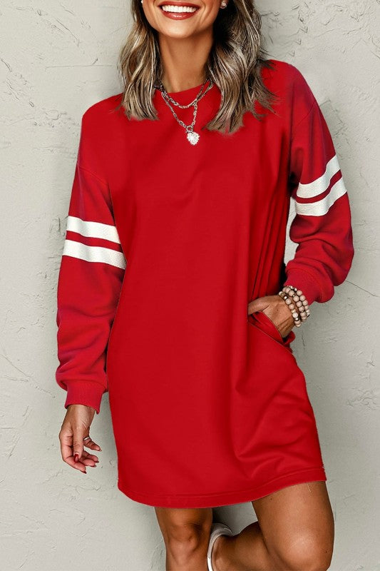 Varsity Stripe Long Sleeve Sweatshirt Dress - FamilyClothes