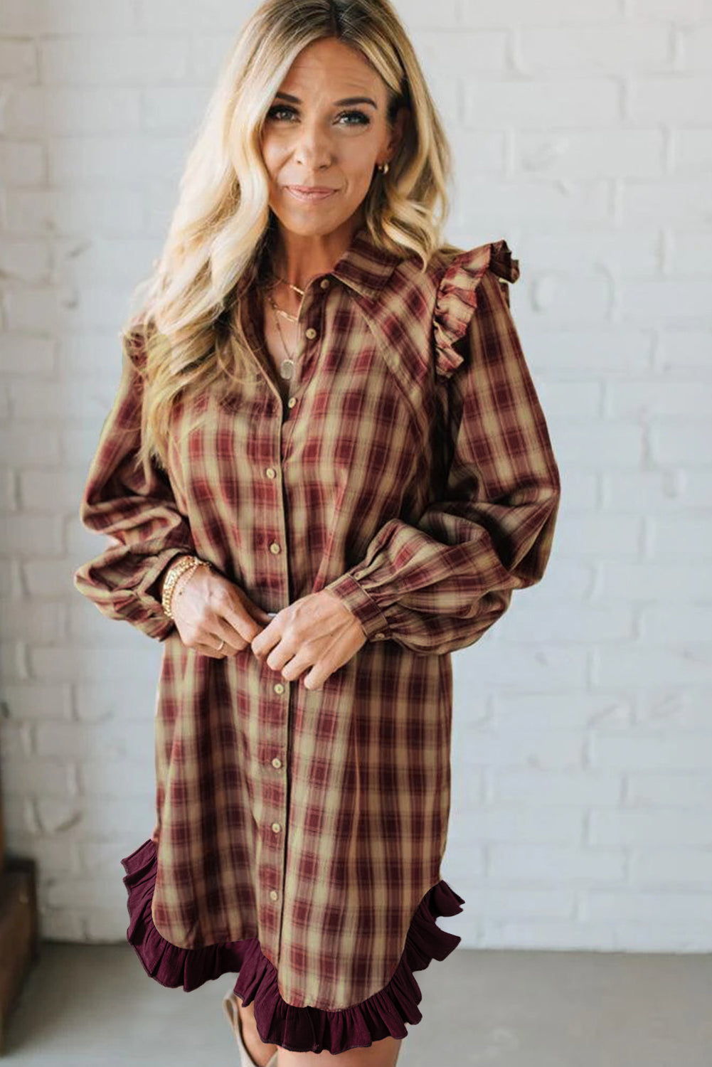 Red Plaid Mini Shirt Dress with Ruffled Long Sleeves and Patchwork Hem - FamilyClothes
