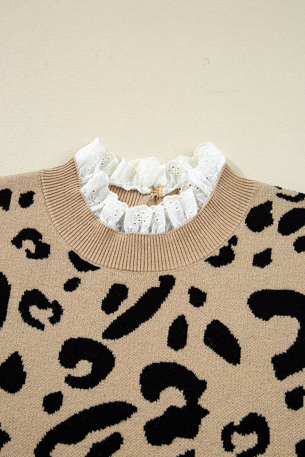 Brown Leopard Pattern Lace Trim Ribbed Detail Button Cuffed Sweater - FamilyClothes