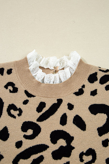 Brown Leopard Pattern Lace Trim Ribbed Detail Button Cuffed Sweater - FamilyClothes