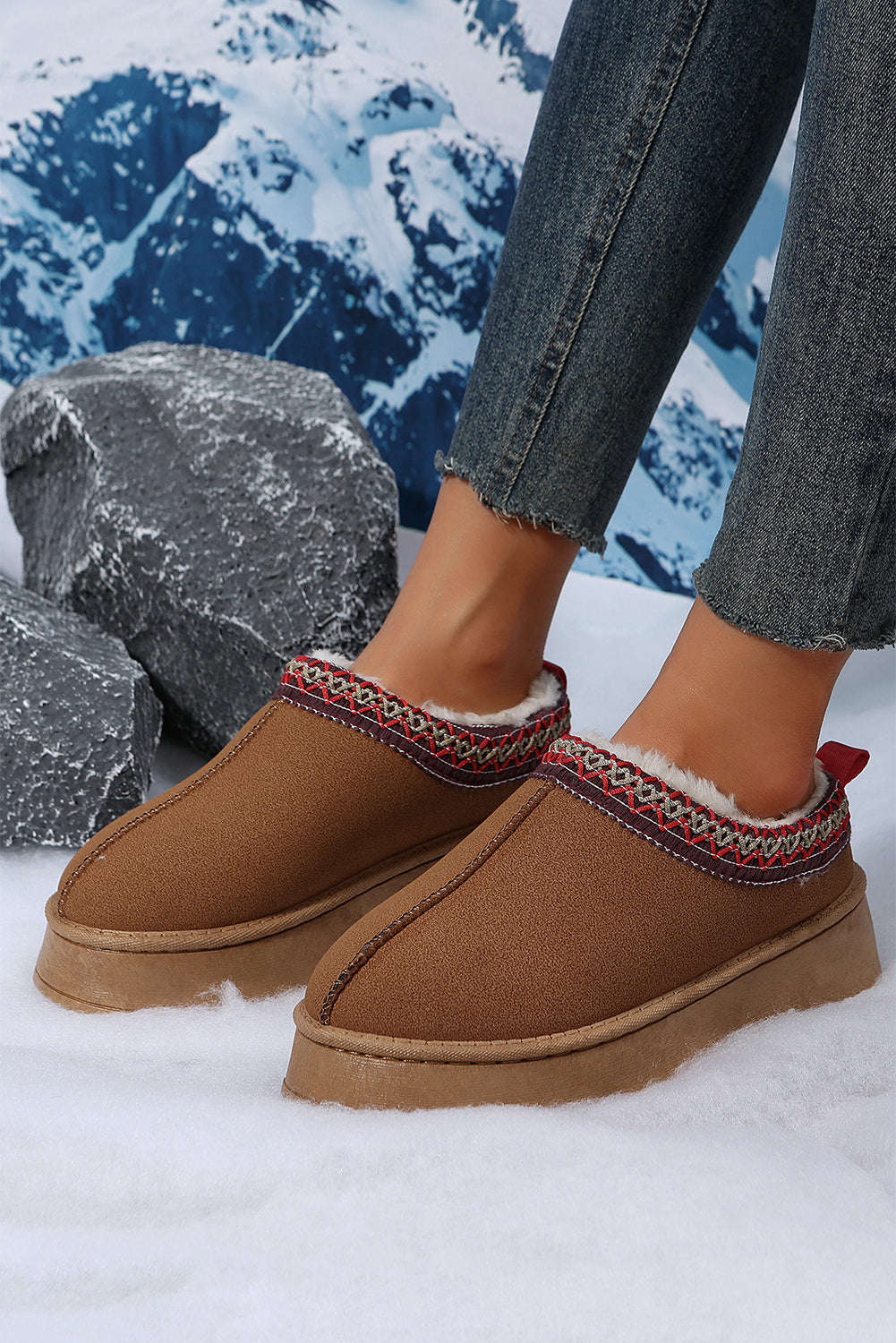 Chestnut Suede Flats with Contrast Print and Plush Lining - FamilyClothes