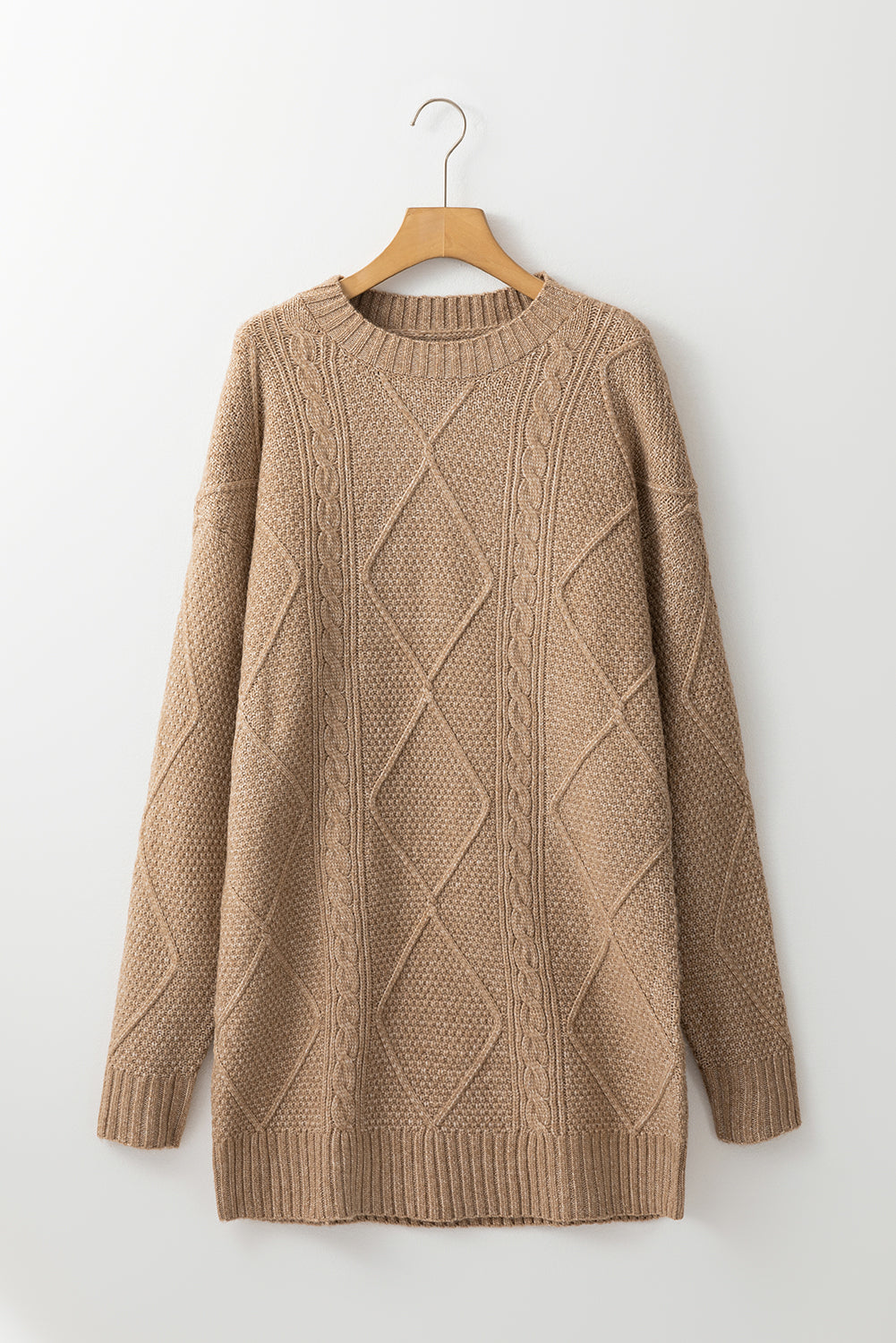Coffee Knit Sweater Dress - Cable Knit Drop Shoulder Loose Fit Design - FamilyClothes