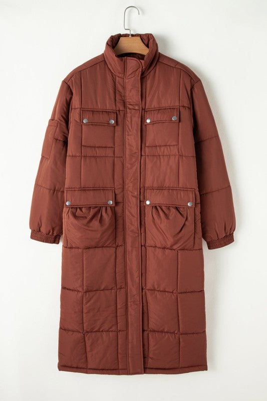 Solid Quilted Stand-Neck Zip-Up Buttoned  Puffer C - FamilyClothes