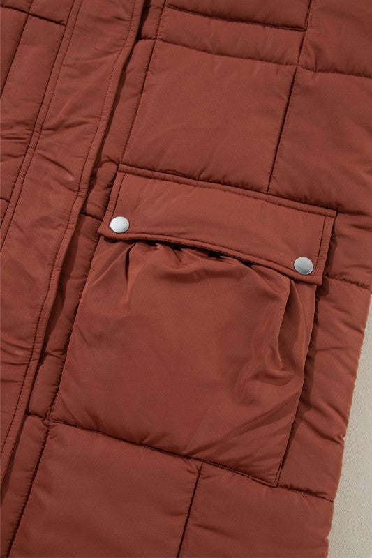 Solid Quilted Stand-Neck Zip-Up Buttoned  Puffer C - FamilyClothes