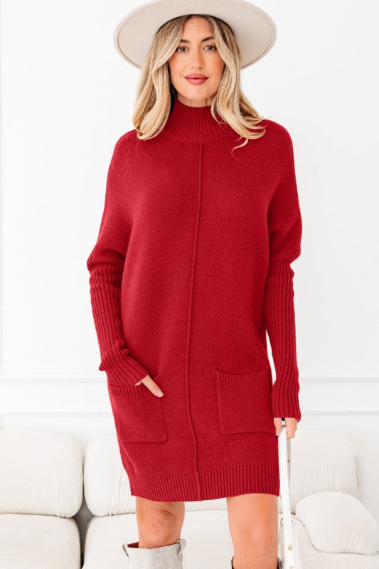 Solid Ribbed Mock Neck Sweater Dress - FamilyClothes