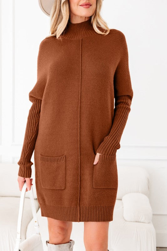 Solid Ribbed Mock Neck Sweater Dress - FamilyClothes