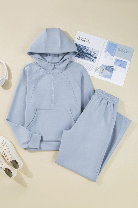 Solid Half-Zip Hoodie and Pants Set - FamilyClothes