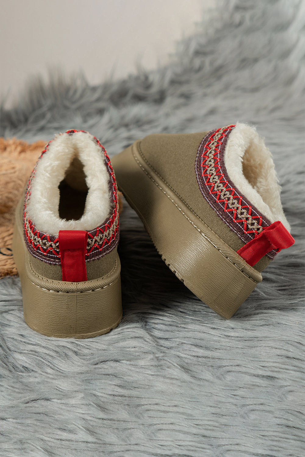 Chestnut Suede Flats with Contrast Print and Plush Lining - FamilyClothes