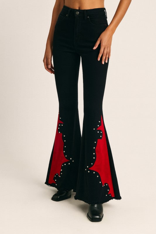 Wild West Bell Bottom Pants in Black and Red with Studded Detailing - FamilyClothes