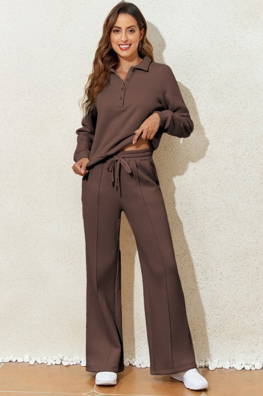 Solid Collared Sweatshirt and Pants Set - FamilyClothes