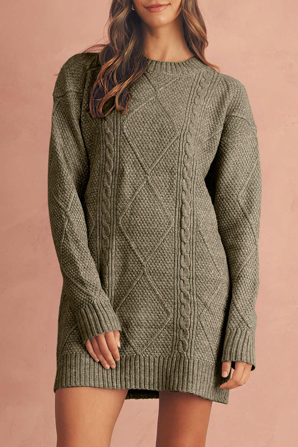 Coffee Knit Sweater Dress - Cable Knit Drop Shoulder Loose Fit Design - FamilyClothes