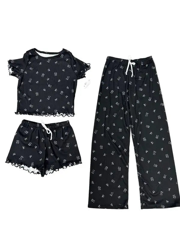 Girls Printed Lounge 3 Pc Short Sleeve Top Pants a - FamilyClothes