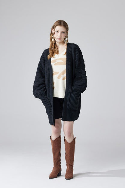 Oversized Cardigan with Pompom Sleeves for Cozy Style - FamilyClothes