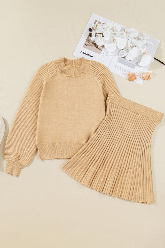 Solid High Neck Sweater and Pleated Mini Skirt Set - FamilyClothes