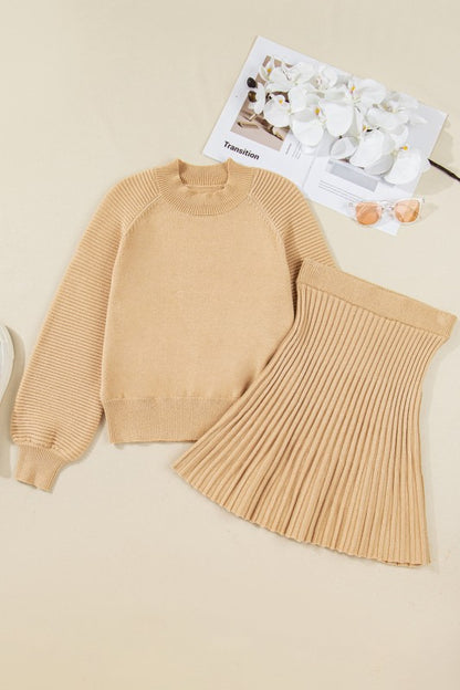 Solid High Neck Sweater and Pleated Mini Skirt Set - FamilyClothes