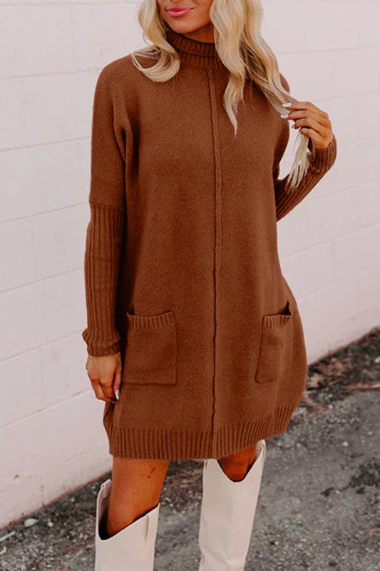 Solid Ribbed Mock Neck Sweater Dress - FamilyClothes