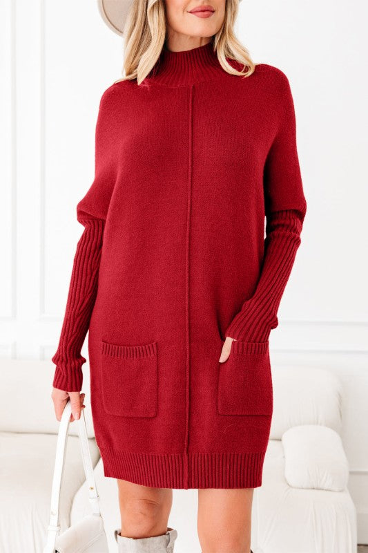 Solid Ribbed Mock Neck Sweater Dress - FamilyClothes