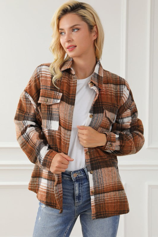 Plaid Flap Chest Pockets Shacket - FamilyClothes