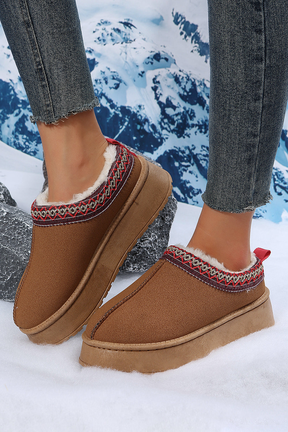 Chestnut Suede Flats with Contrast Print and Plush Lining - FamilyClothes