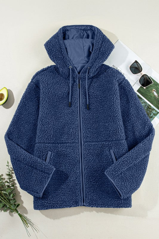 Solid Fleece Zip-Up Drawstring Pocketed Hooded Jac - FamilyClothes