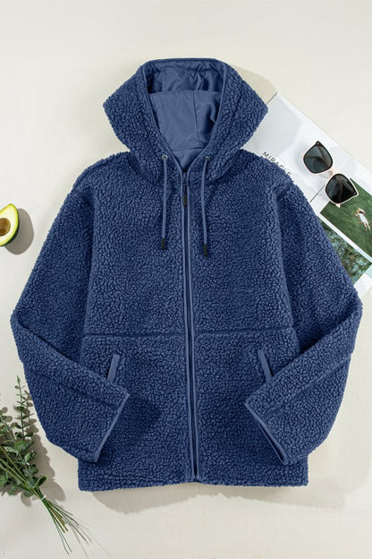 Solid Fleece Zip-Up Drawstring Pocketed Hooded Jac - FamilyClothes