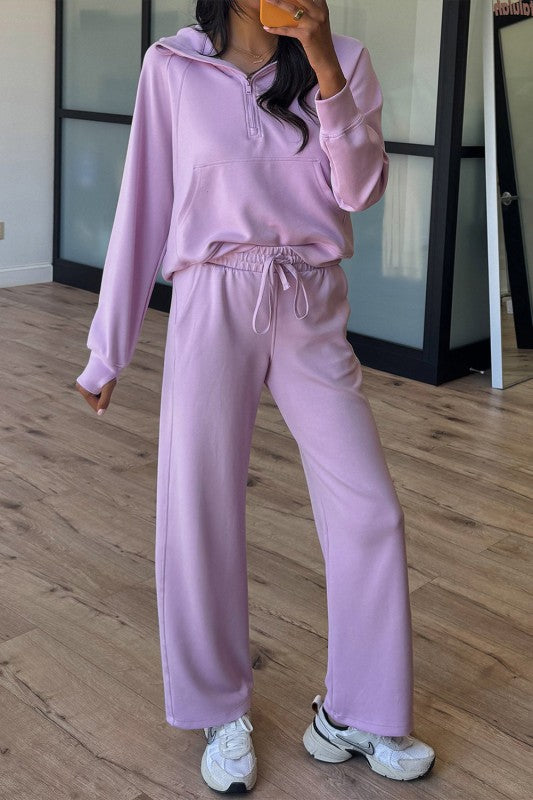 Solid Half-Zip Hoodie and Pants Set - FamilyClothes