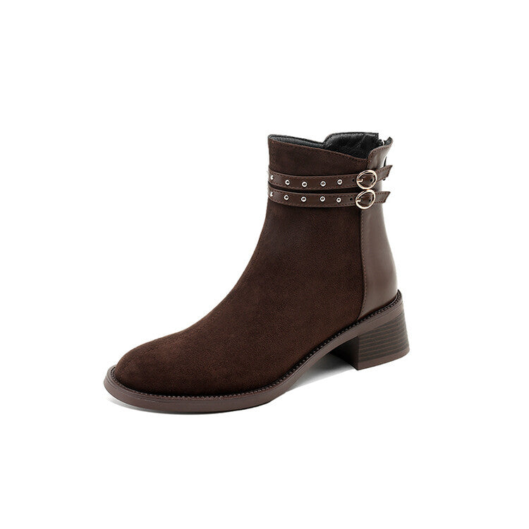 Autumn Winter Short Boots for Women - Stylish Women's Autumn Winter Short Boots with Low & Thick Heels and Belt Rivets T6788 - FamilyClothes