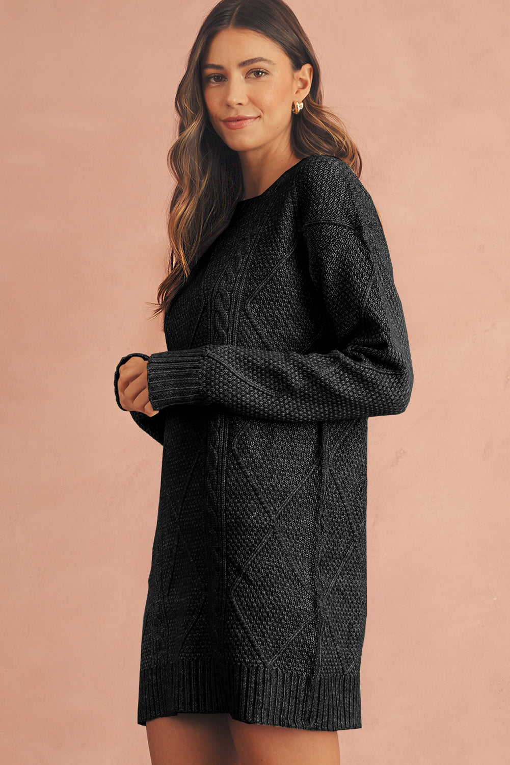 Coffee Knit Sweater Dress - Cable Knit Drop Shoulder Loose Fit Design - FamilyClothes